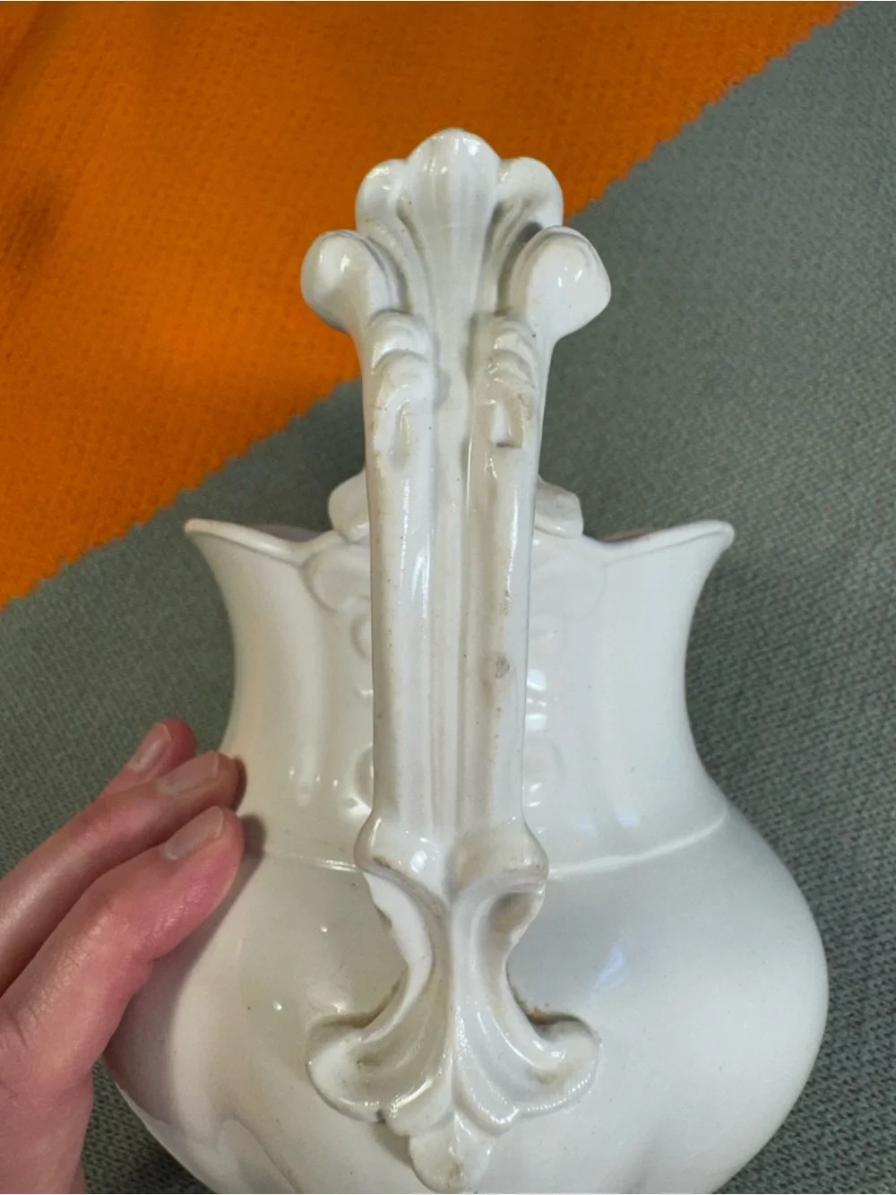 Antique White Ironstone Ice Lip Pitcher Scalloped Ceramic Jug Built-in strainer